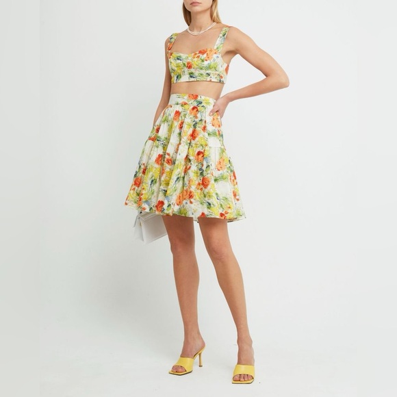 O.P.T Reese Set Crop Top High Waist Skirt Tropical Vaca Floral Watercolor XS NWT - Picture 1 of 8